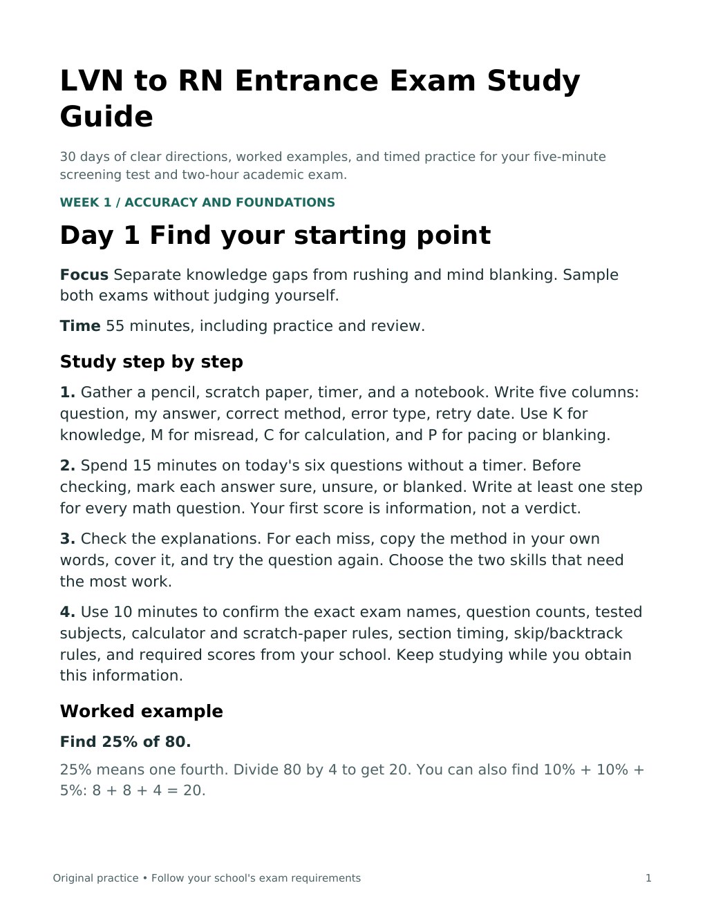 Free preview of Day 1 in the LVN to RN 30-Day Entrance Exam Study Guide