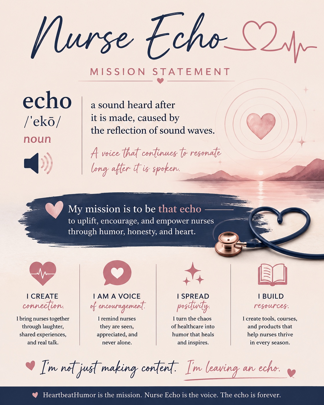 Nurse Echo mission statement: My mission is to be that echo—to uplift, encourage, and empower nurses through humor, honesty, and heart.